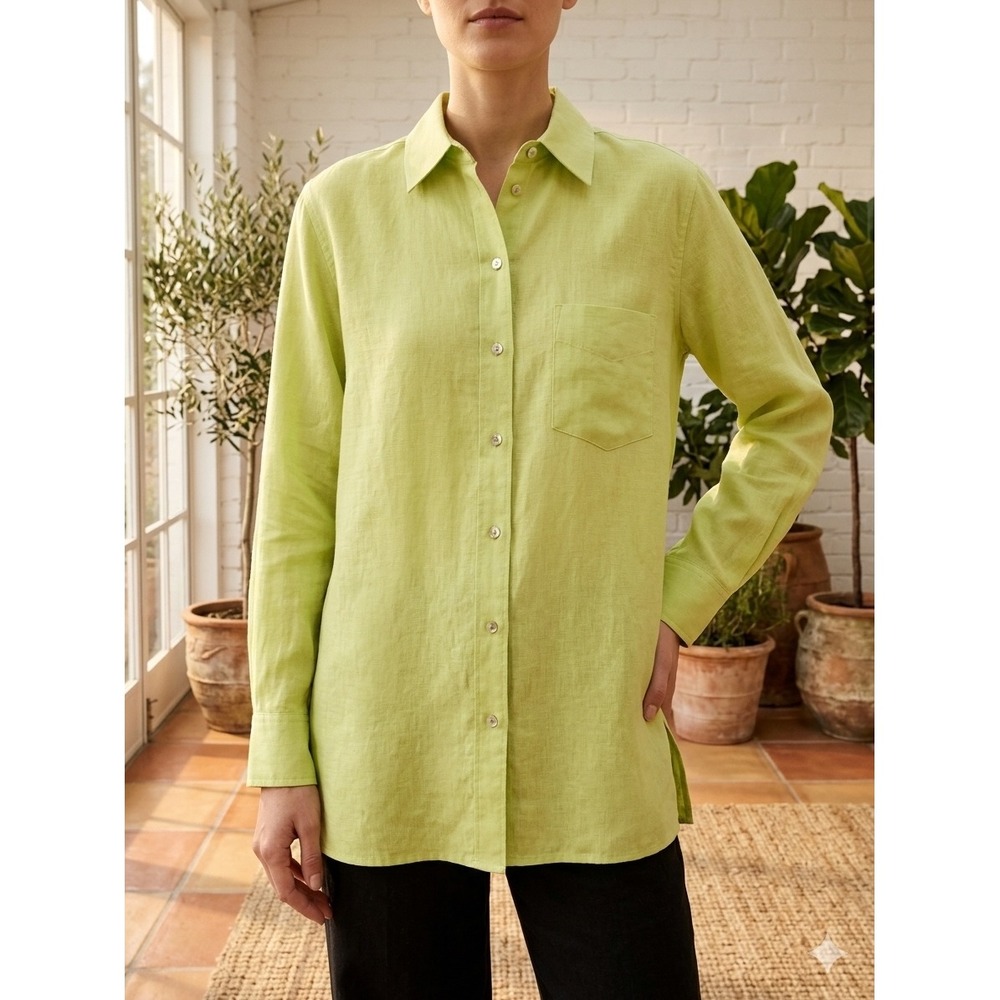 Minimalist Coastal Grandma 100%Linen Long Sleeve Button Down Shirt Size L